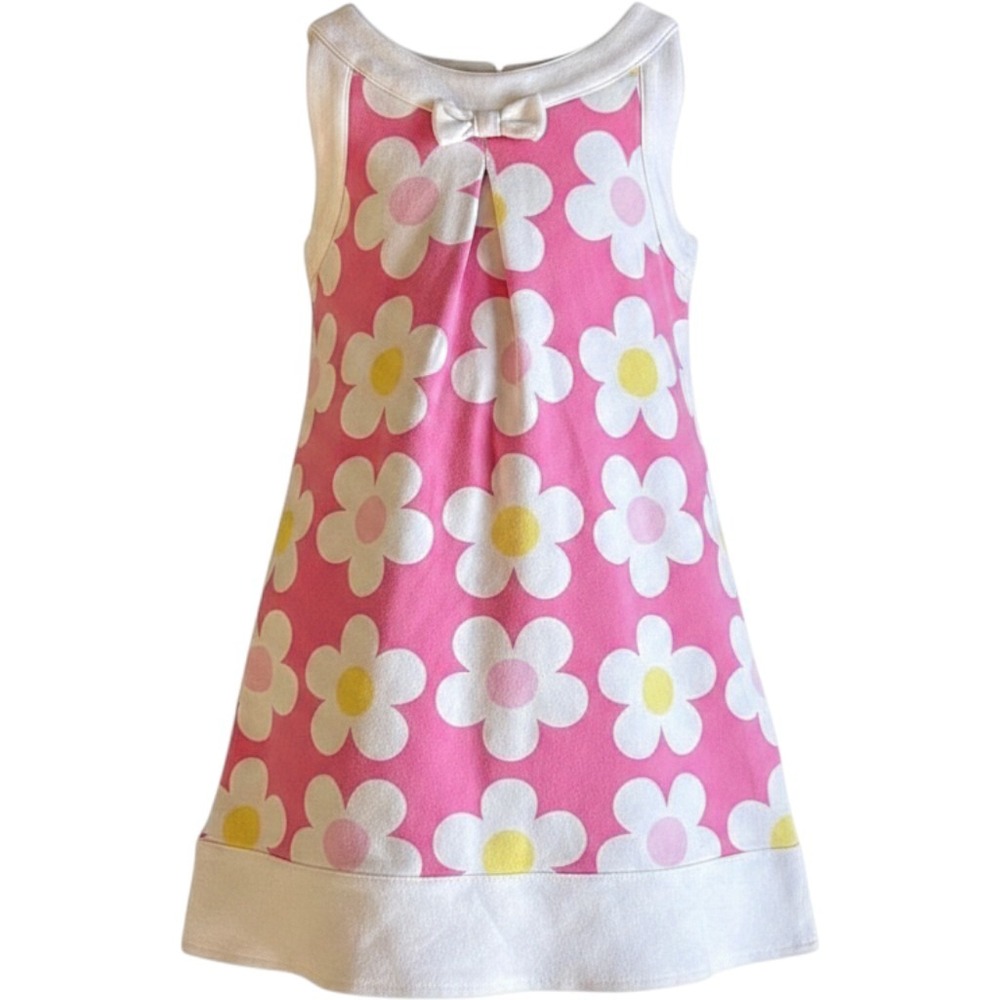 Girls Retro Floral Shift Dress 7 Pink White Daisy Bow Sleeveless Gymboree